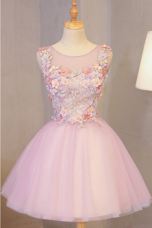 A Line Pink Tulle Homecoming Dress with Flowers, Short Prom Dress with Beads