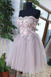 A Line Strapless Short Tulle Homecoming Dresses with Lace Mini Cute Prom Gown N2208