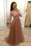 A Line Tulle Beading Prom Dresses with Rhinestones  Sleeveless Long Prom Dresses N1584