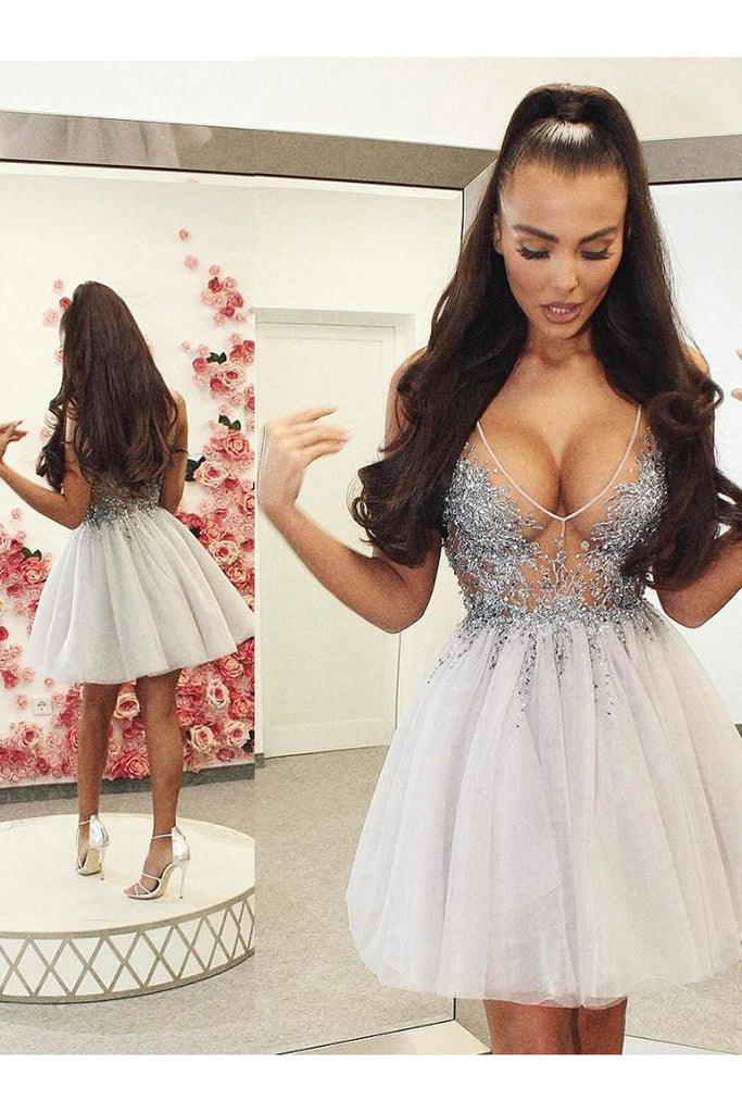 Sexy A Line V-Neck Tulle Homecoming Dresses with Beading N1505