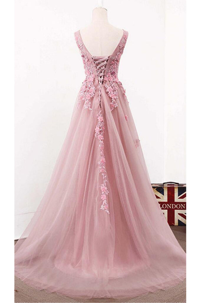 A Line V Neck Sleeveless Tulle Long Prom Dresses with Flowers  Party Prom Dresses N1422