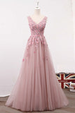 A Line V Neck Sleeveless Tulle Long Prom Dress with Flowers, Cheap Party Prom Dress N1422