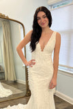 V Neck Lace Mermaid Wedding Dresses N044