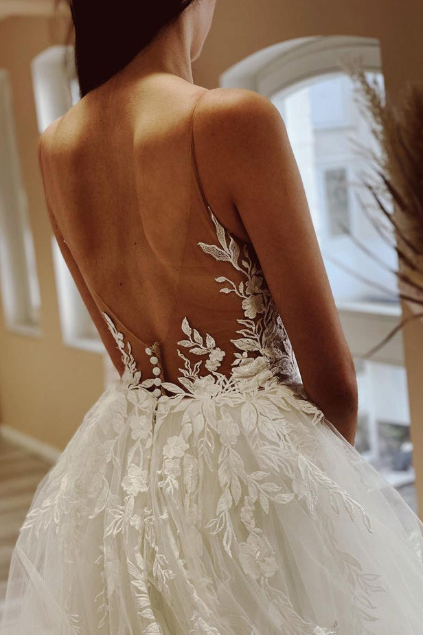 A Line Sheer Neck Tulle Wedding Dresses with Appliques N069