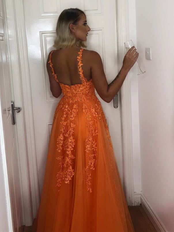 A-Line V-Neck Backless Lace Appliques Formal Dress Orange Prom Dress
