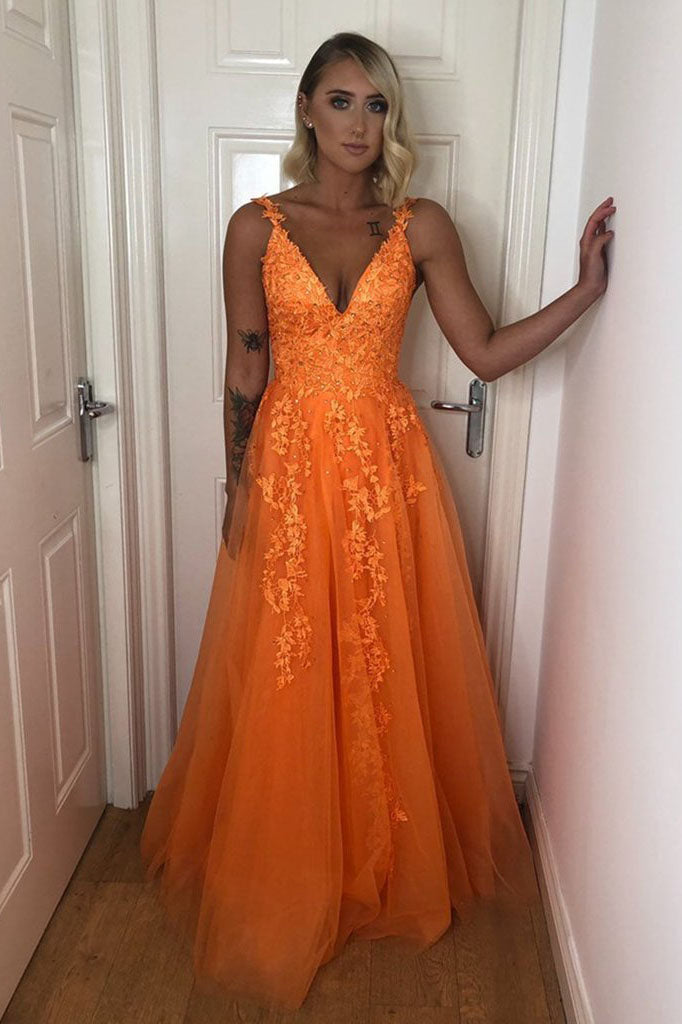 A-Line V-Neck Backless Lace Appliques Formal Dress Orange Prom Dress