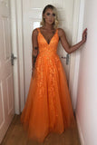 A-Line V-Neck Backless Lace Appliques Formal Dress Orange Prom Dress