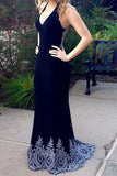 Dark Navy Blue Mermaid Prom Dresses with Appliques, Charming Long Formal Dresses N2620
