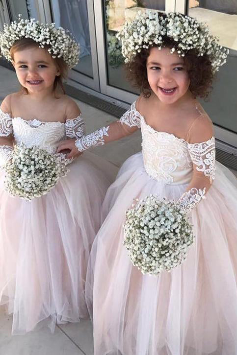 Adorable Long Sleeve Tulle Lace Appliques Flower Girl Dresses F040