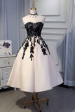 Ankle Length Strapless Prom Dress with Black Lace, A Line Princess Homecoming Dress