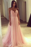 Spaghetti Strap Long Tulle Prom Dress, Sexy Sleeveless Tulle Evening Dresses