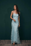 Pretty Sky Blue Backless Long Lace Spaghetti Straps Prom Dresses Event Dresses Y361047