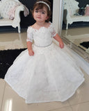 Half Sleeves Flower Girl Dresses Kid Ball Gown White Fluffy Lace Flower Girl Dresses with Flowers