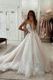 Charming A Line V Neck Tulle Wedding Dresses with Appliques N104