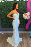 Charming Mermaid Sweetheart White Lace Sequins Long Prom Dresses N124