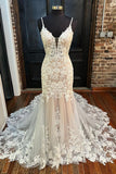 Elegant Mermaid V Neck Lace Wedding Dresses with Appliques N118