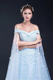 Light Sky Blue Off-the-shoulder Sweep Train Tulle Prom Dresses with Appliques N1253