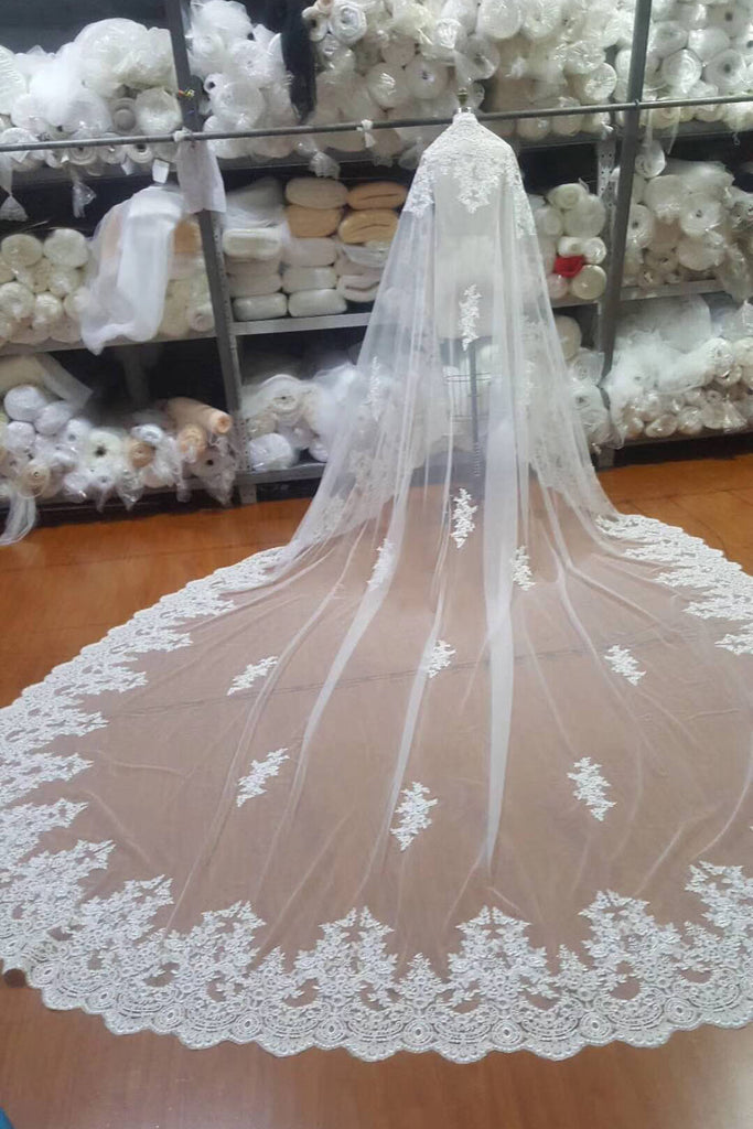 One Layer Tulle Bridal Veils with Lace Applique Edge, Ivory Wedding Veils V036