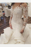 Gorgeous Long Sleeve Ivory Appliques Ruffles Wedding Gowns Mermaid Bridal Dresses N1117