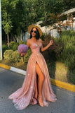 A Line Beading Tulle Party Dresses Sweetheart Pink Prom Dresses Long With Split PD0201