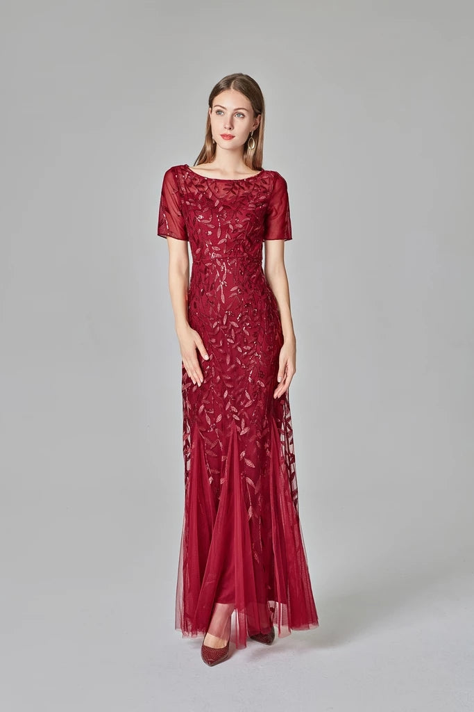 Elegant Mermaid Burgundy Tulle Prom Dresses Bateau Neck Long Evening Dresses XU90801