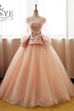 Ball Gown Long Sleeve Tulle Prom Dresses with Flowers Puffy Quinceanera Dresses N1042
