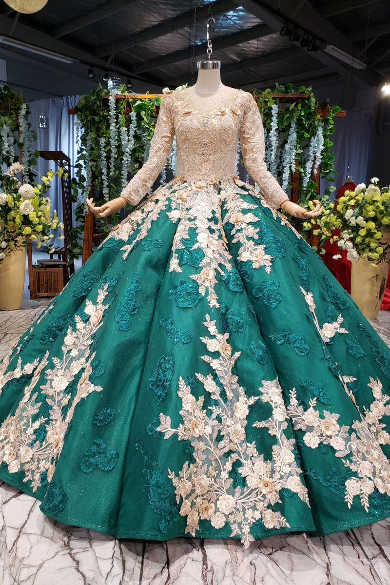 Ball Gown Long Sleeves Floor Length Prom Dress with Appliques Quincean ...