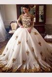 Ball Gown Long Sleeves Tulle Wedding Dress with Gold Appliques, Ivory Long Bridal Dress