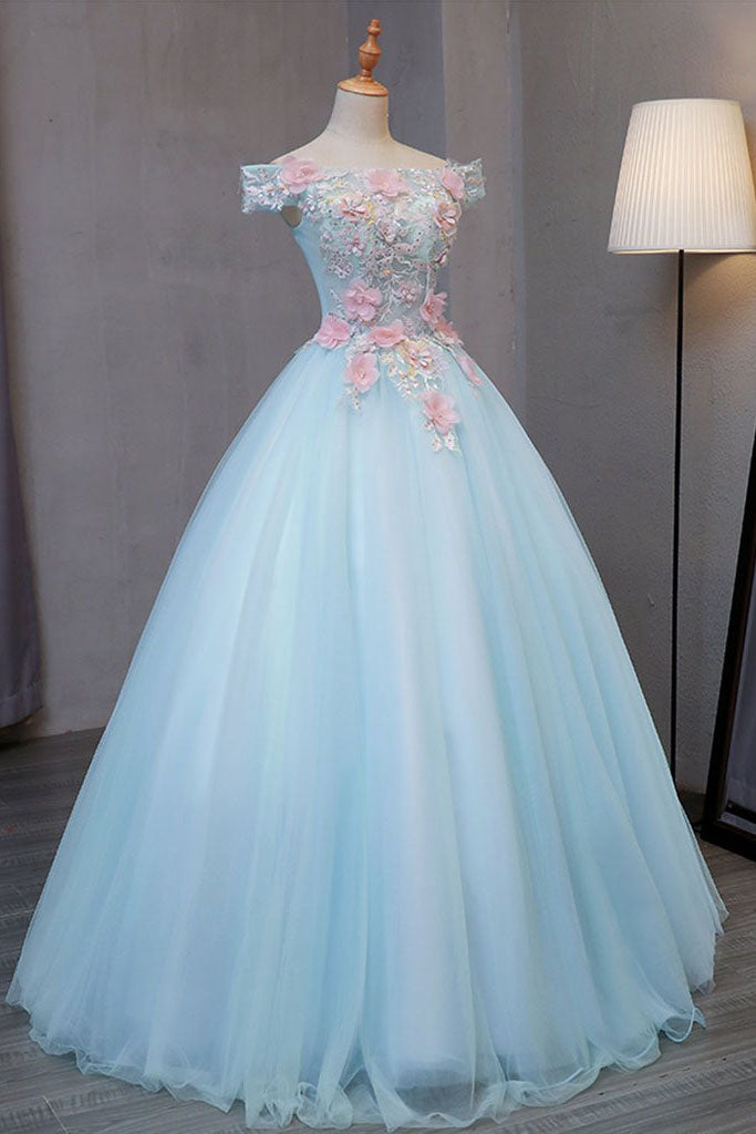 Sky Blue Tulle Princess Off Shoulder Long Prom Dresses Quinceanera Dressesses with Flowers N1831
