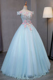 Sky Blue Tulle Princess Off Shoulder Long Prom Dresses Quinceanera Dressesses with Flowers N1831