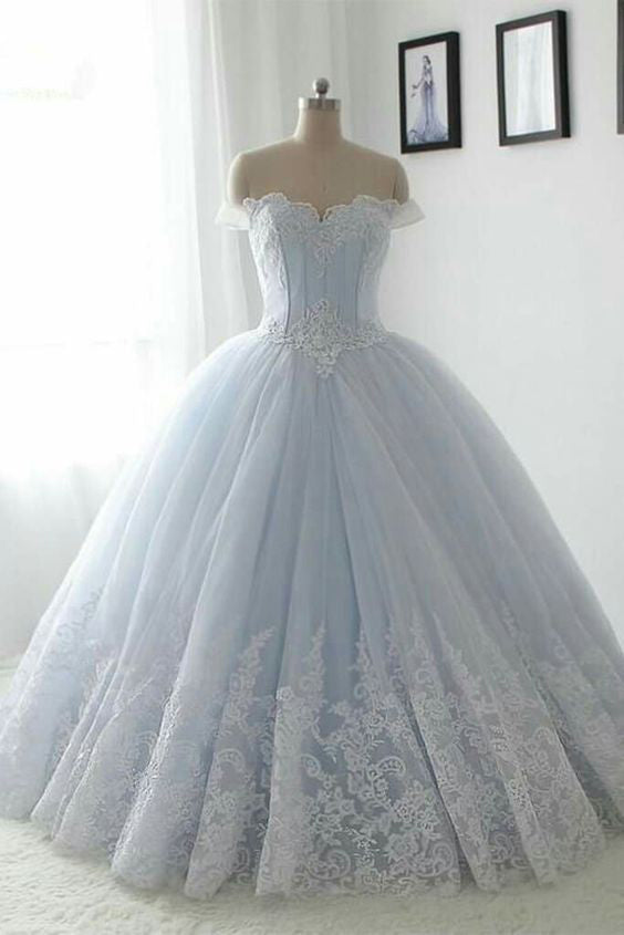 Floor Length Puffy Off the Shoulder Prom Dress with Lace, Ball Gown Quinceanera Dresses N1350