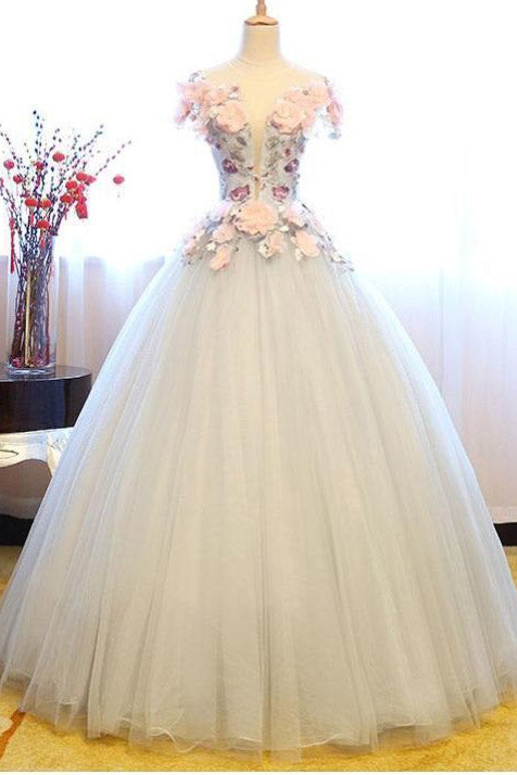 Ball Gown Sheer Neck Tulle Party Dress with Flowers, Floor Length Long Prom Dress N1302