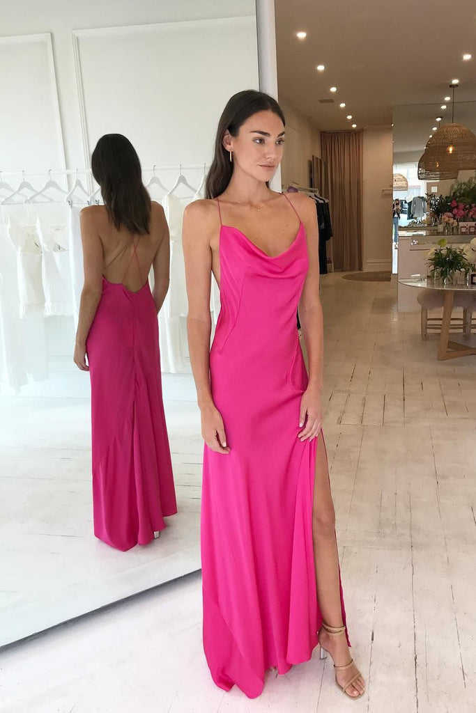 Hot Pink Criss Cross Silk Satin Prom Dress With Slit Long Evening Dress