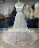 Gorgeous Spaghetti Straps V-Neck Court Train Prom Dresses with Pink Hand-made Flowers N428