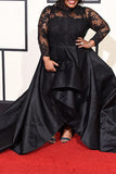 Black Long Sleeves Satin Plus Size Prom Dresses with Lace Long Prom Gown N2216