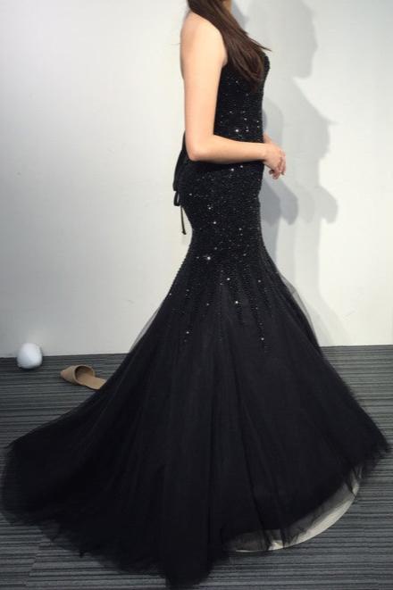 Black Strapless Sweetheart Sparkly Mermaid Tulle Prom Dresses with Sweep Train,N401