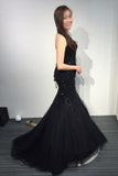 Black Strapless Sweetheart Sparkly Mermaid Tulle Prom Dresses with Sweep Train,N401