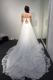 A-line White Princess Strapless Open Back Lace Beach Wedding Dress with Court Train,Bridal dress,N407
