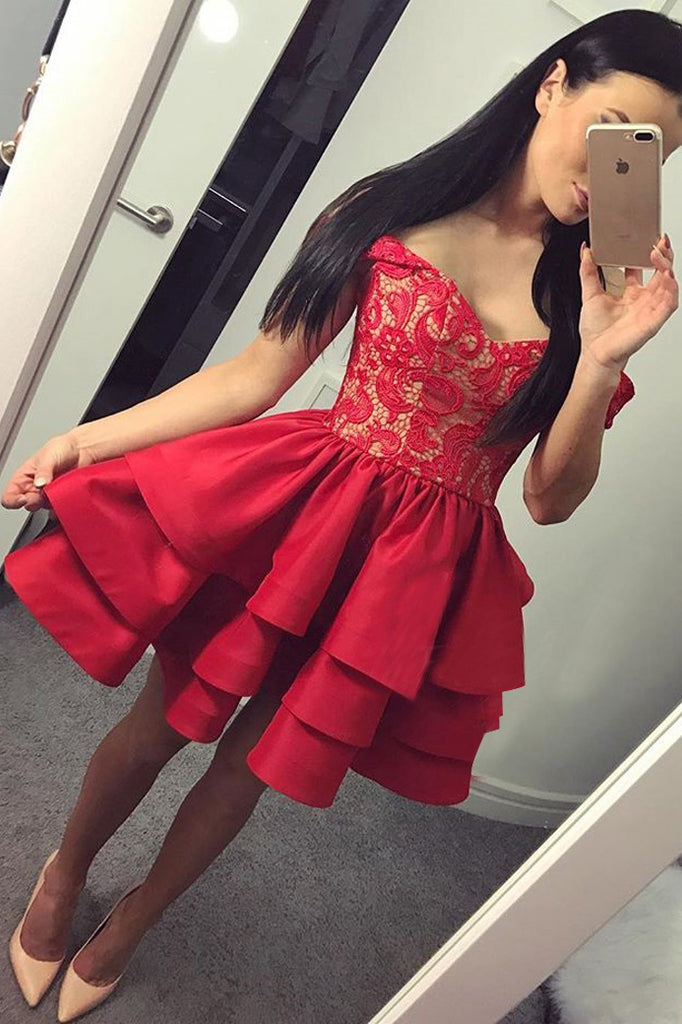 Sexy A-Line Off-The-Shoulder Red Tiered Homecoming Dress With Lace,Short Prom Dress,N281