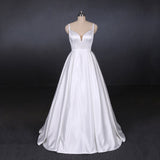 Straps White Satin Wedding Dresses Floor Length Satin Backless Bridal Dresses N2356