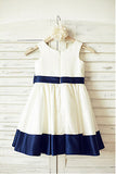 Ivory Flower Girl Dresses with Navy Blue Belt A-line Sleeveless Flower Girl Dresses with Bowknot F008