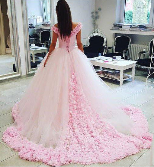 Pink Ball Gown Princess Off-the-shoulder Handmade Flower Wedding Dress N479