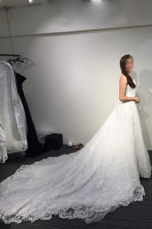 A-line White Princess Strapless Open Back Lace Beach Wedding Dress Court Train,Bridal dress,N407