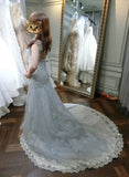 Light Gray Cap Sleeveless Lace Appliques Open Back Prom Dresses with Beads N439