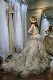 Gorgeous Beige Sweetheart Gray Ruffles Court Train Wedding Dress with Gold Top,N437