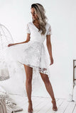 White High-low Short Sleeve V-neck Lace Homecoming Dress,Backless Party Gown,N299