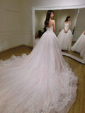 Gorgeous Ball Gown Baby Pink Lace Appliques Wedding Gown Princess Bridal Dresses N412