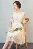 A Line Half Sleeves Lace Homecoming Dresses with Belt N1948