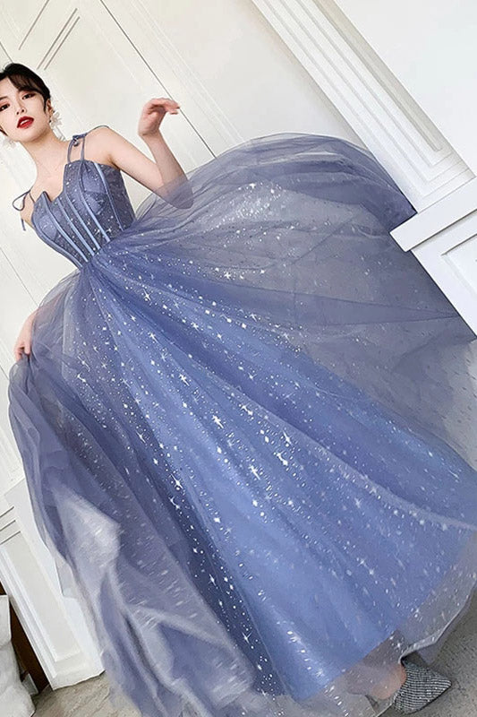 Unique Sparkle Straps Tulle Prom Dresses A Line Sleeveless Evening Dresses N2101
