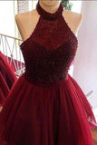 Burgundy Halter Beading Tulle Short Prom/Homecoming Dresses,Backless Party Dresses,N247